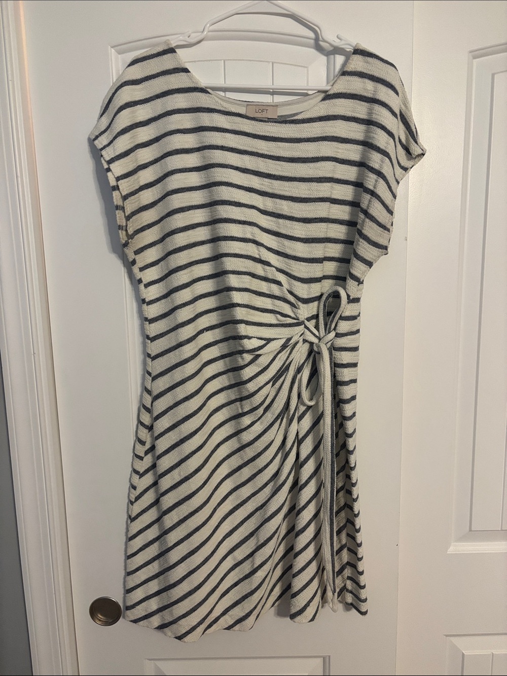 LOFT Ivory and Navy Striped Tie-Side Midi Dress